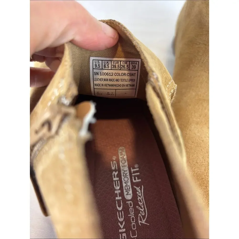Skechers Relaxed Fit Memory Foam Suede Ankle Boots Tan Zip Comfort Booties 9.5